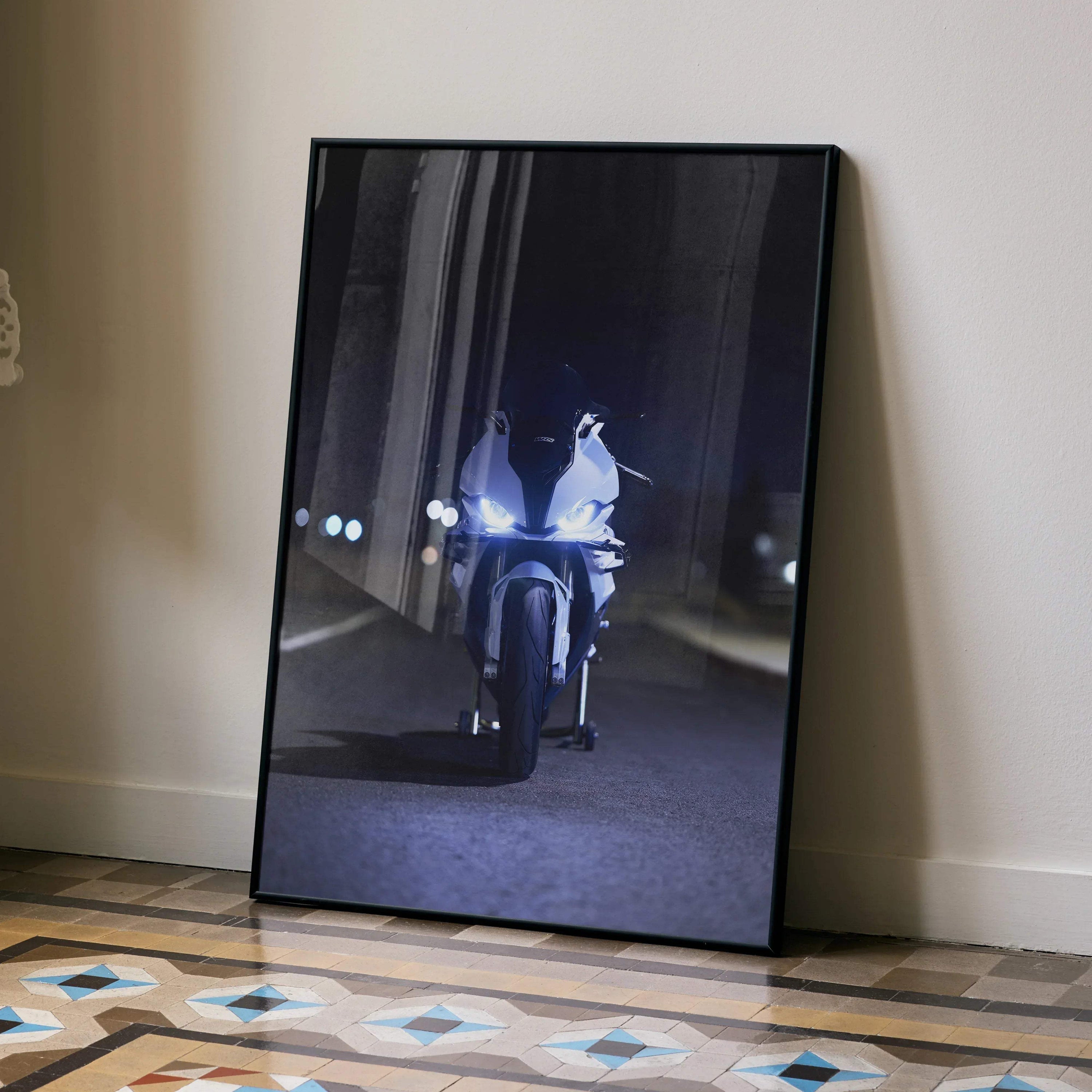 BMW S1000RR motorcycle poster wall art with dark nighttime lighting and reflective road details.