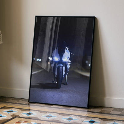BMW S1000RR motorcycle poster wall art with dark nighttime lighting and reflective road details.