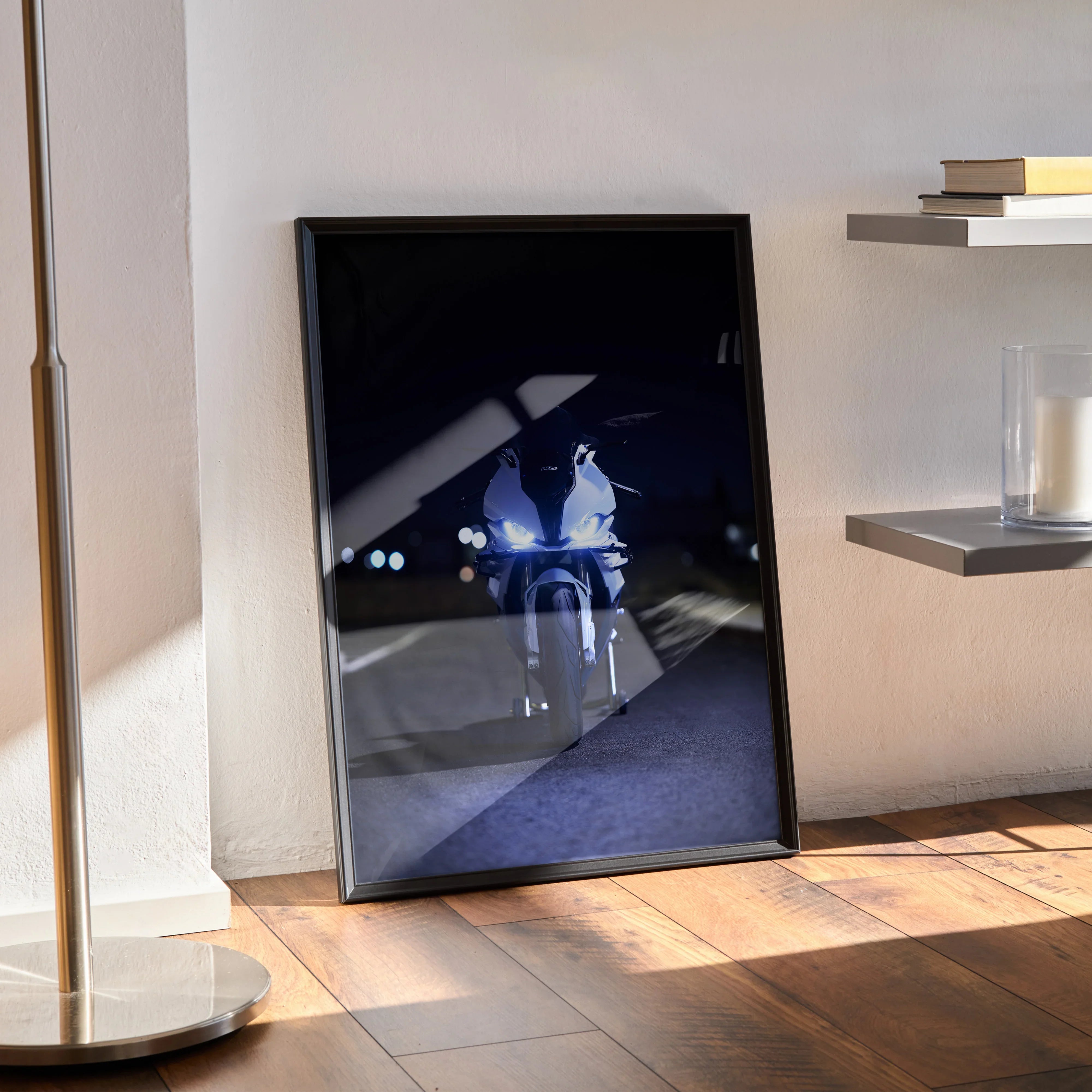 BMW S1000RR inspired motorcycle poster with dark, modern wall art design in black frame.