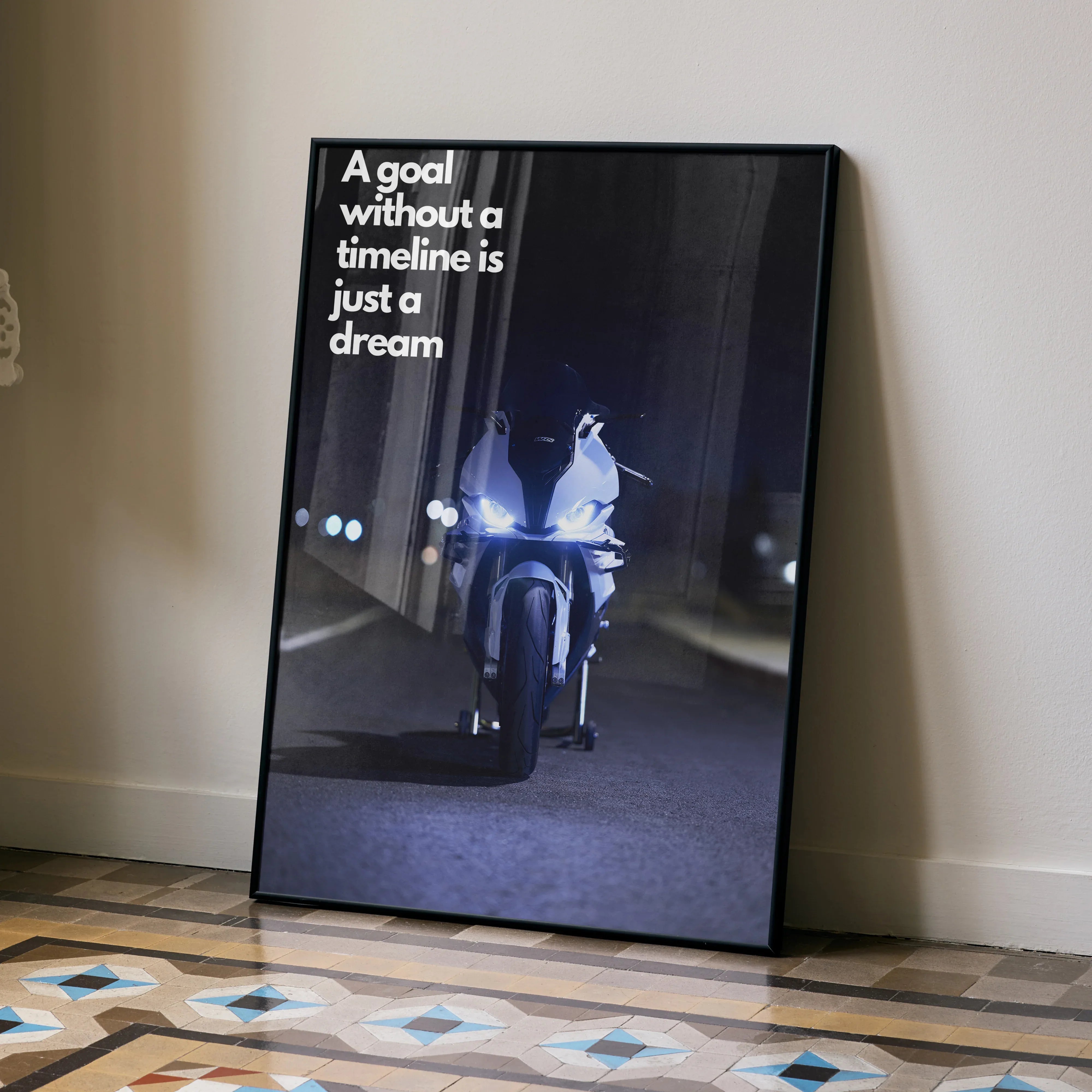 Motivational poster wall art featuring BMW S1000RR motorcycle with inspiring quote on dark background.