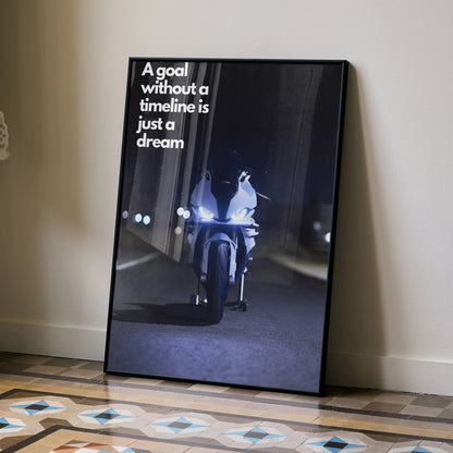 Motivational poster wall art featuring BMW S1000RR motorcycle with inspiring quote on dark background.