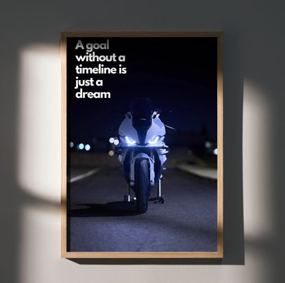 Motivational Poster with BMW S1000RR motorcycle at night and inspiring text wall art.