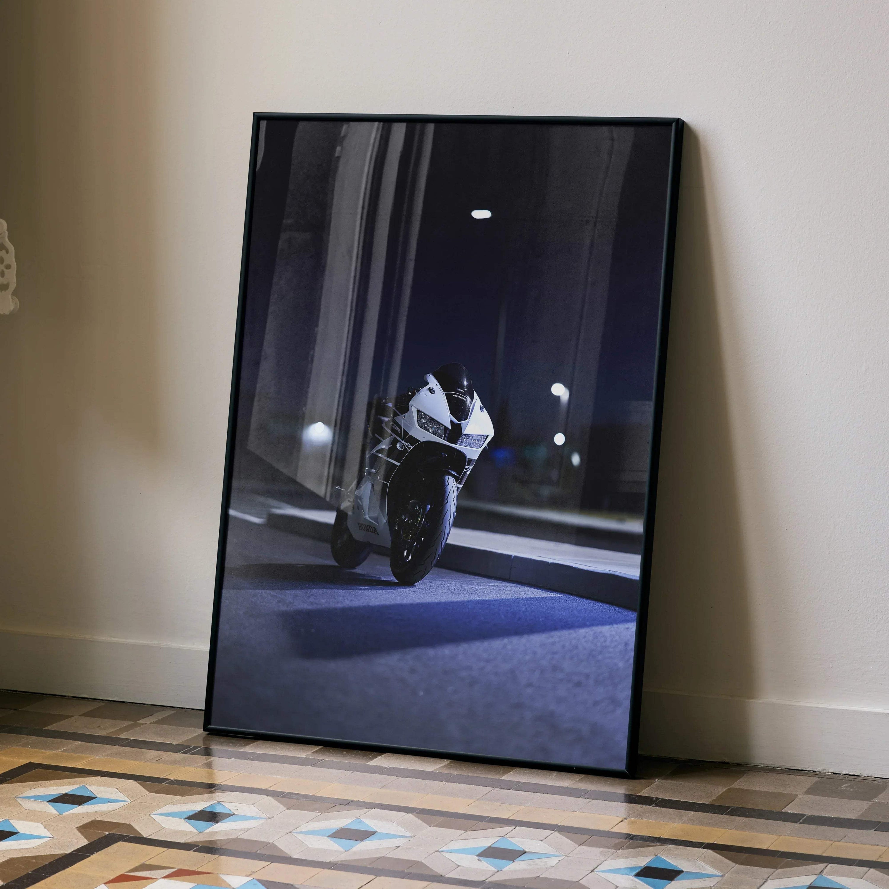 Honda CBR600RR motorcycle poster with dark urban background, modern wall art in black frame.