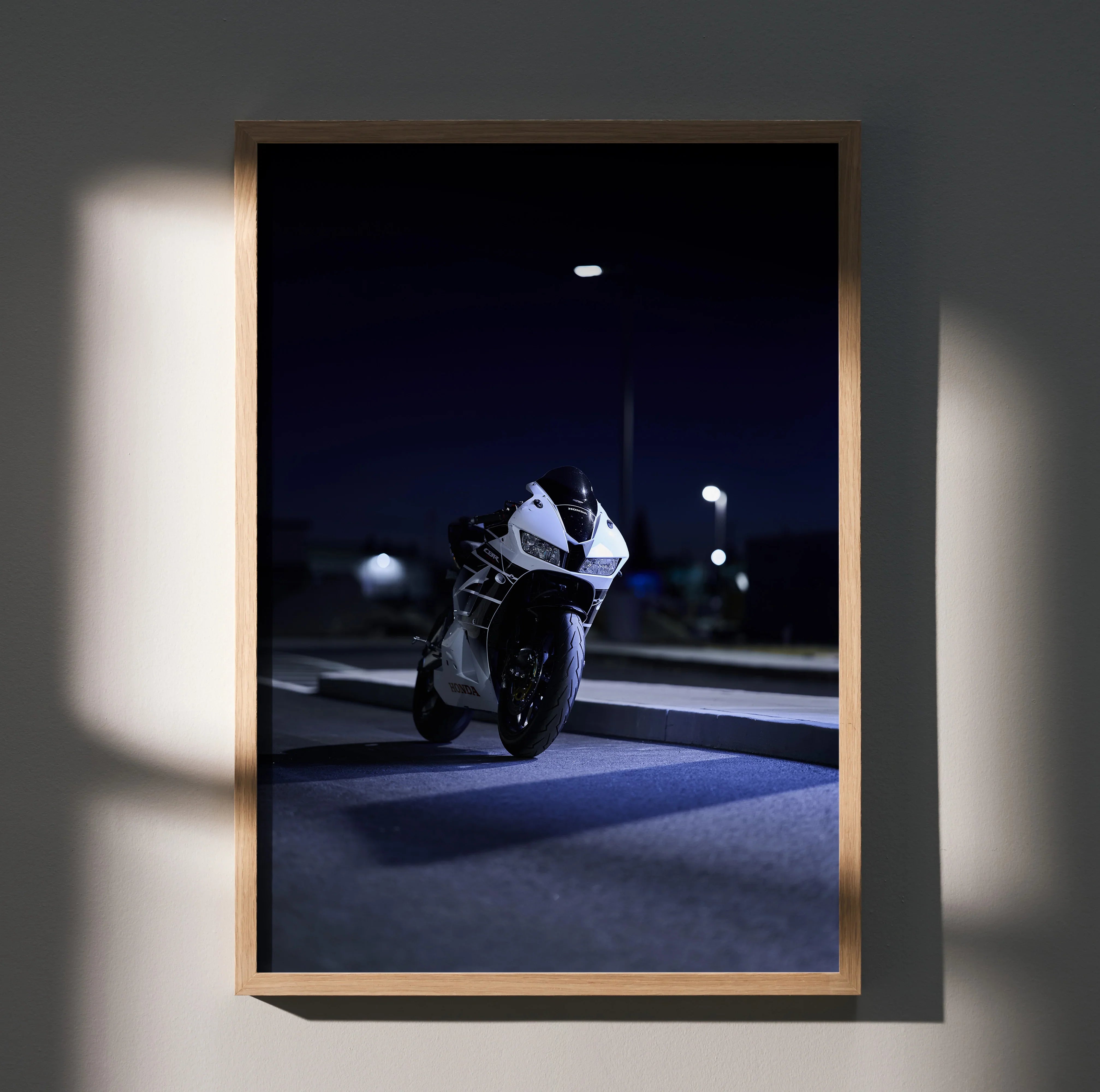 Honda CBR600RR motorcycle at night with streetlights, framed poster wall art.