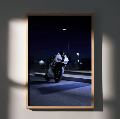 Honda CBR600RR motorcycle at night with streetlights, framed poster wall art.