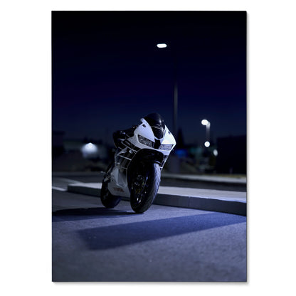 Honda CBR600RR motorcycle parked at night with streetlight glow poster wall art.