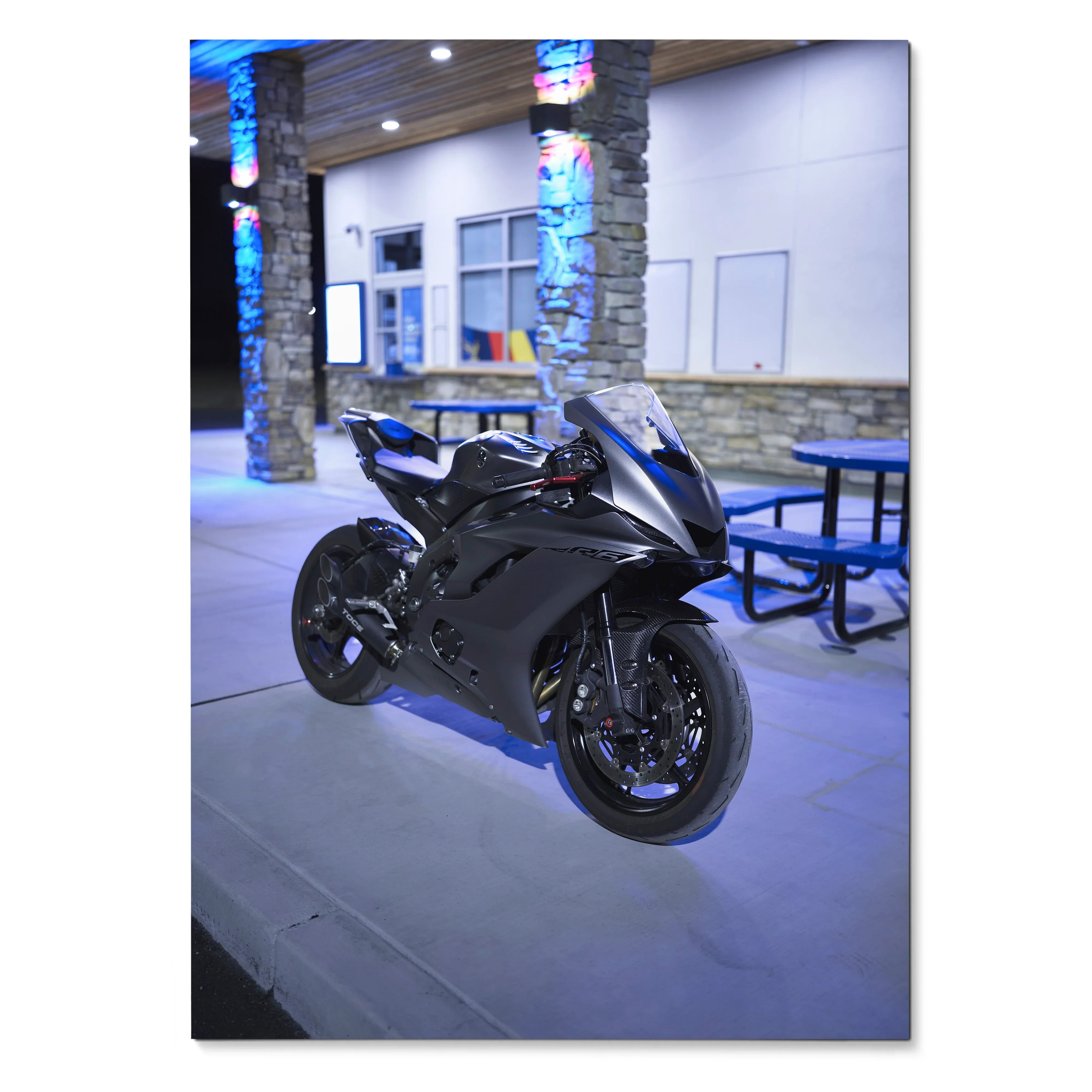 Black Yamaha R6 motorcycle poster with sleek design, showcased at night in urban setting wall art.
