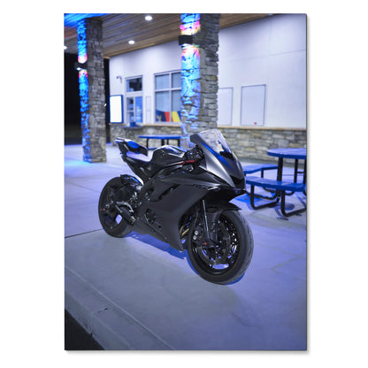 Black Yamaha R6 motorcycle poster with sleek design, showcased at night in urban setting wall art.