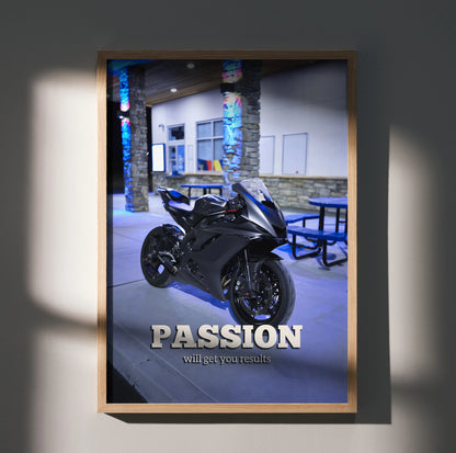 Yamaha R6 motorcycle poster with motivational text "PASSION will set you free" framed wall art.