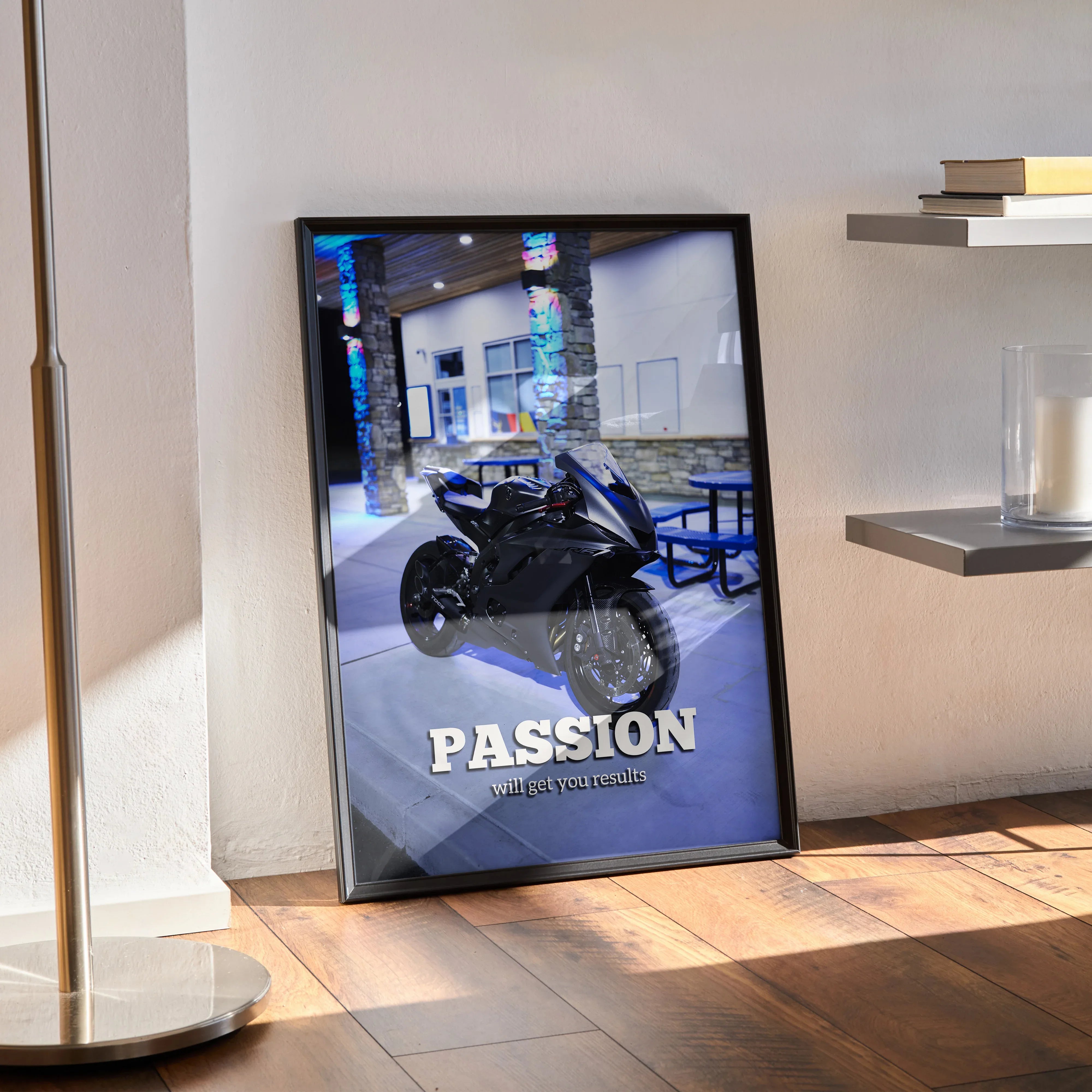 Yamaha R6 motorcycle poster with "Passion" inspiring text in black frame wall art.