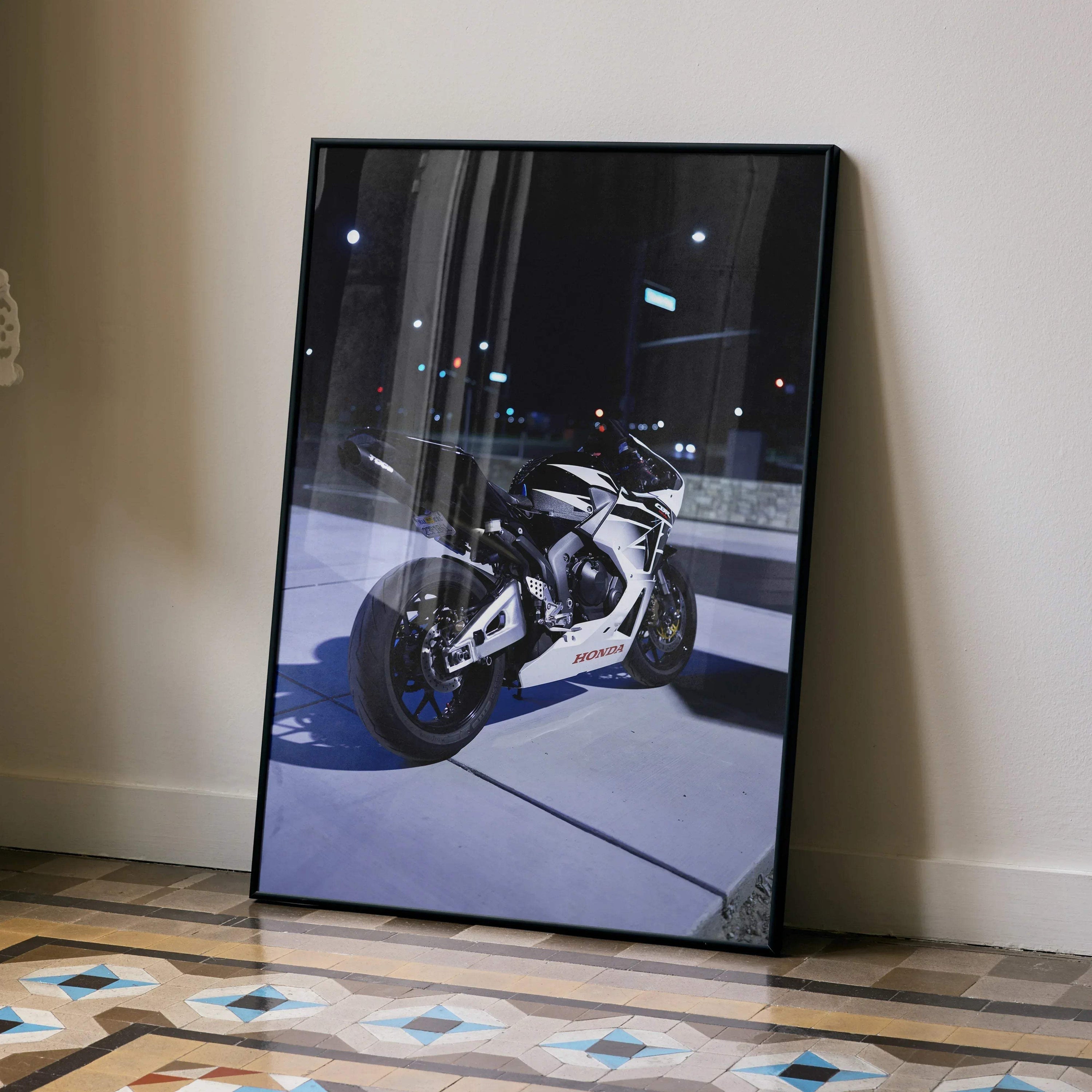 Honda CBR600RR motorcycle poster with night city lights, sleek black and white design wall art.