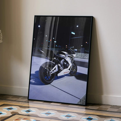 Honda CBR600RR motorcycle poster with night city lights, sleek black and white design wall art.