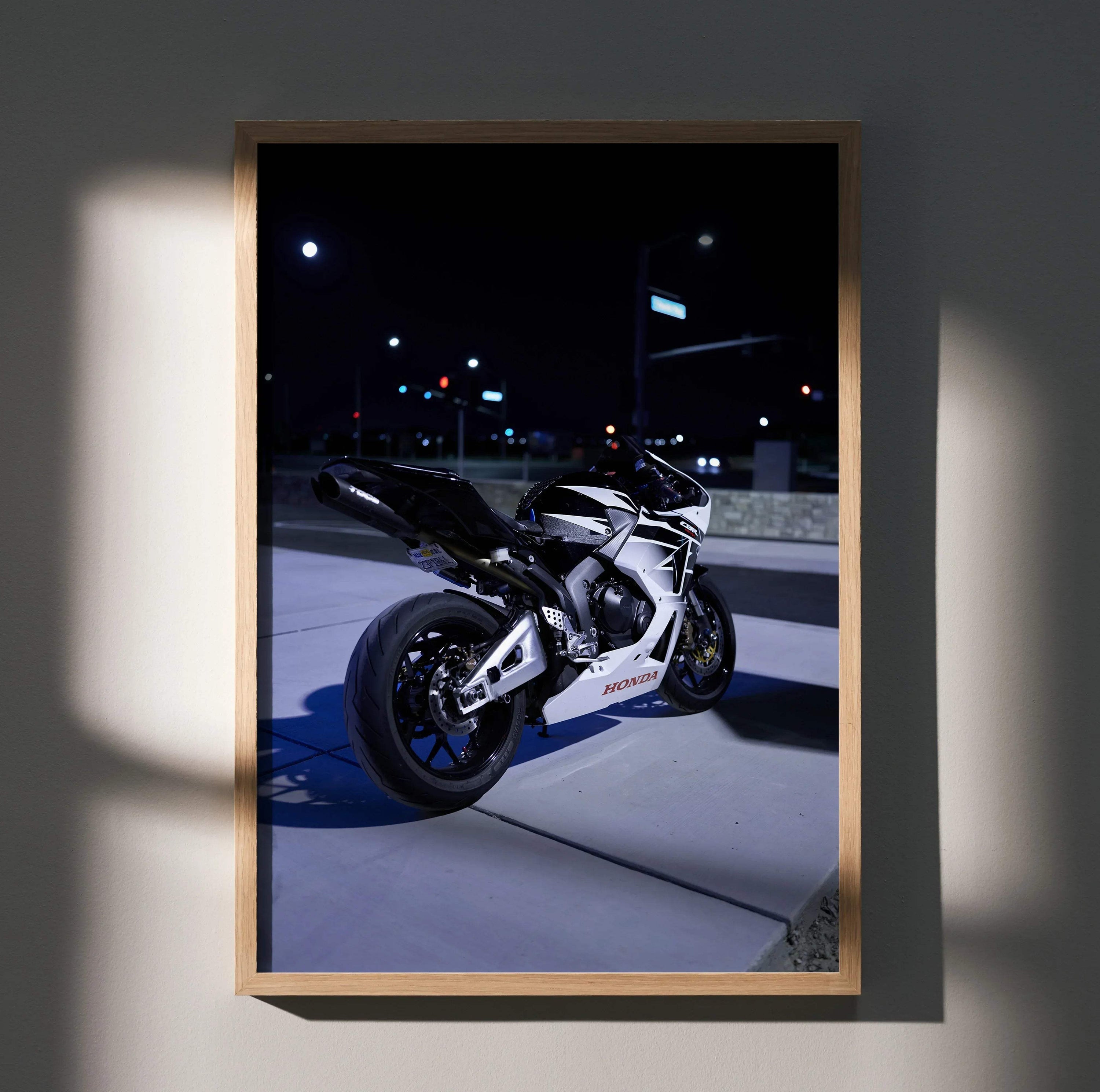 Honda CBR600RR motorcycle poster in sleek black and white, modern wall art with nighttime urban background.