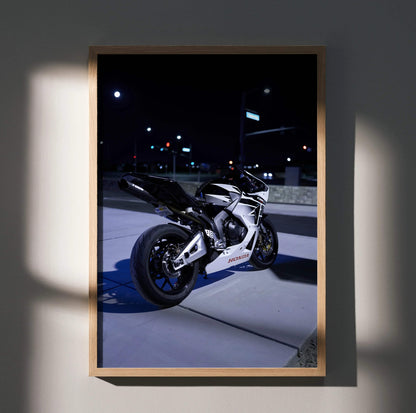 Honda CBR600RR motorcycle poster in sleek black and white, modern wall art with nighttime urban background.