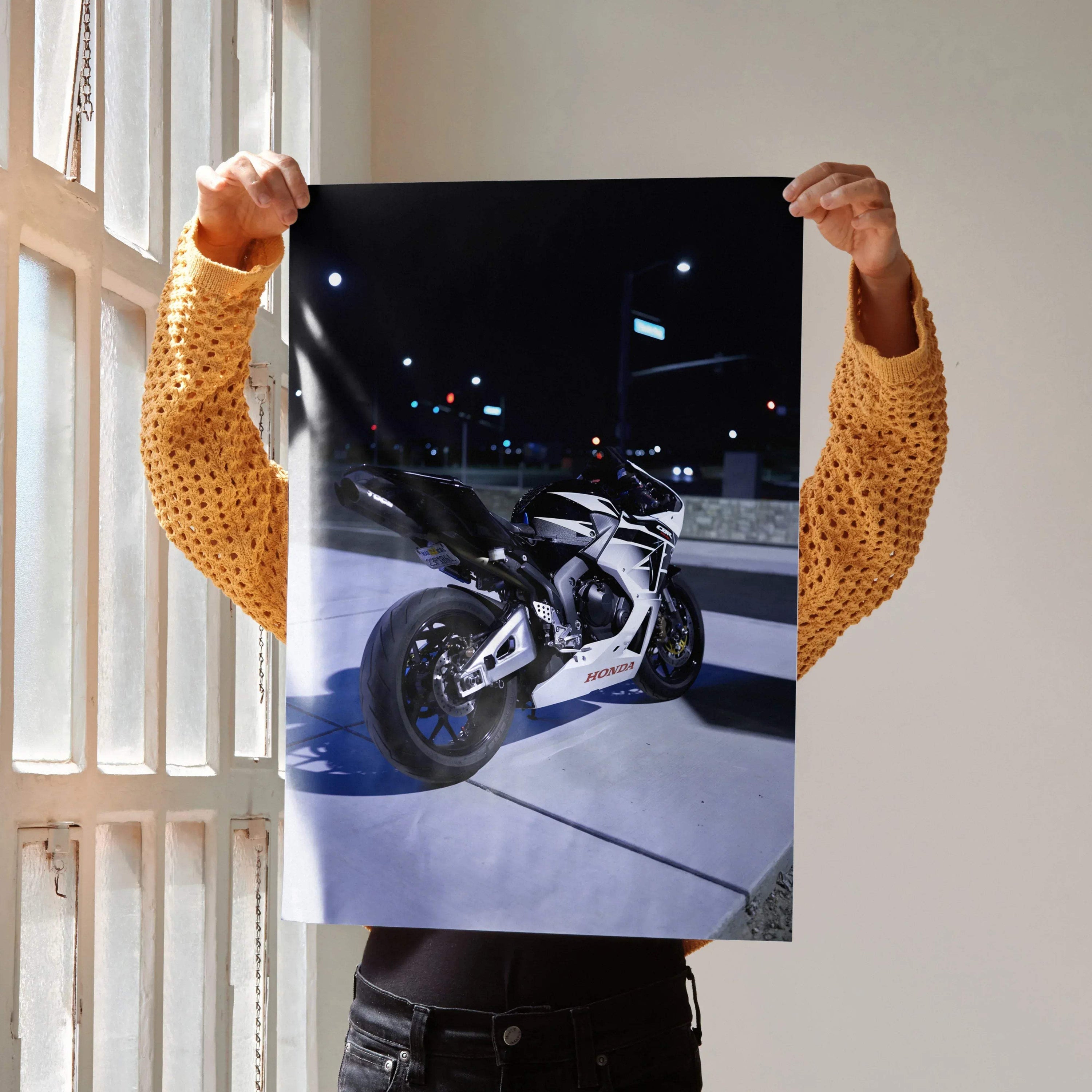 Honda CBR600RR motorcycle poster with sleek white and black sportbike design, modern wall art decor.