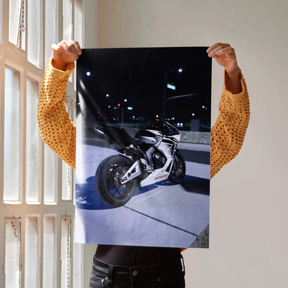 Honda CBR600RR motorcycle poster with sleek white and black sportbike design, modern wall art decor.