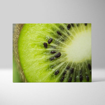 Close-up high-resolution kiwi fruit canvas wall art with vivid green and black seeds decor.