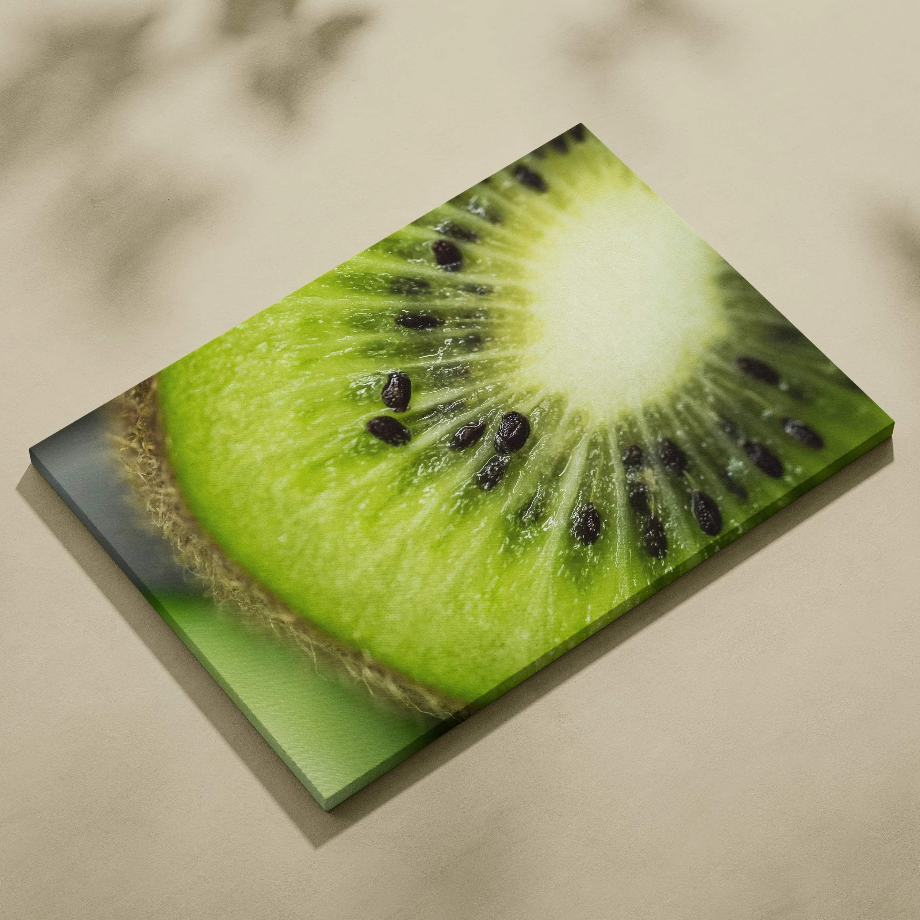 High-resolution kiwi fruit close-up canvas wall art with vibrant green and black seed details for home decor.