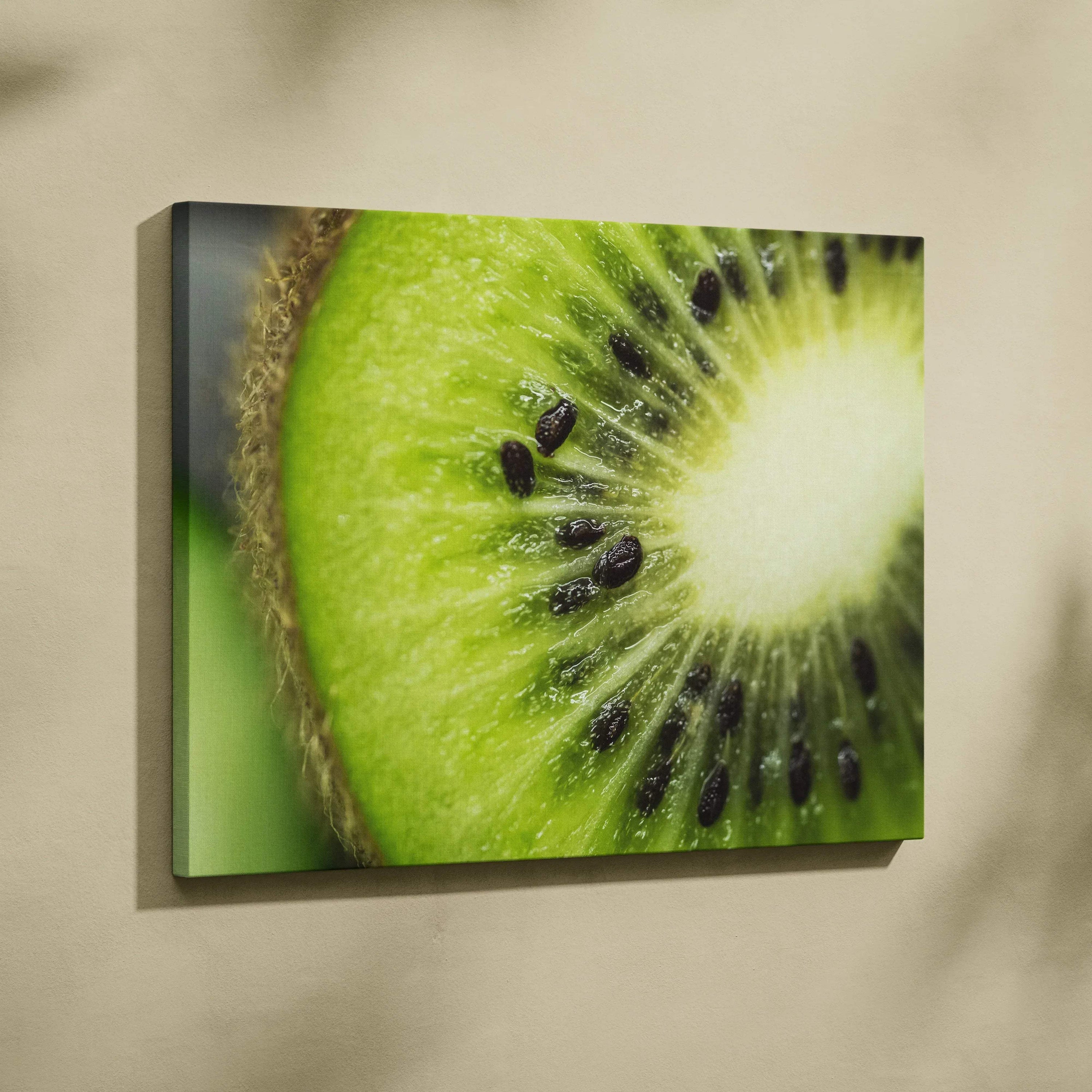 High-resolution kiwi fruit close-up canvas wall art with vibrant green decor colors.