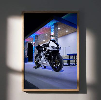 Honda CBR600RR motorcycle poster with sleek black sports bike at night, modern wall art.