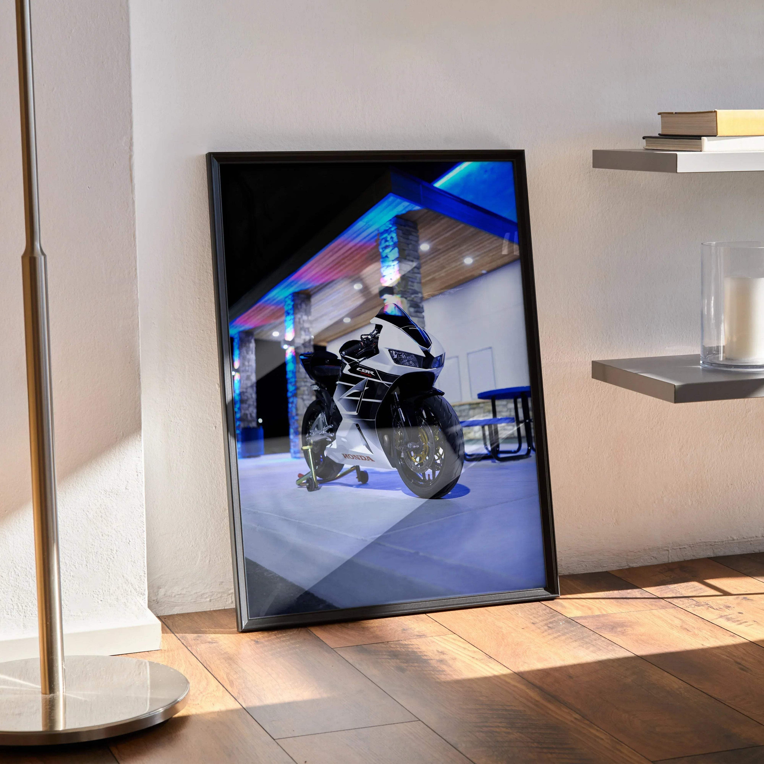 Honda CBR600RR motorcycle poster in sleek black frame leaning against wall as stylish wall art.