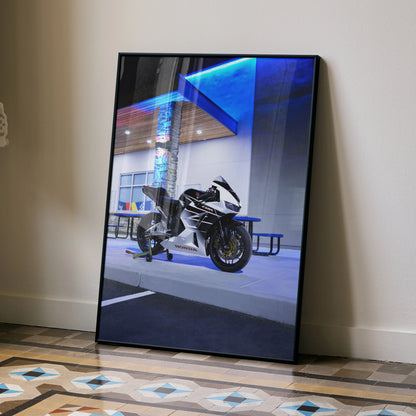 Honda CBR600RR motorcycle poster with sleek black and white design leaning against wall, vibrant wall art.