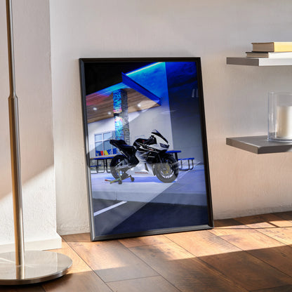 Honda CBR600RR motorcycle poster with vibrant blue tones in sleek black frame wall art.
