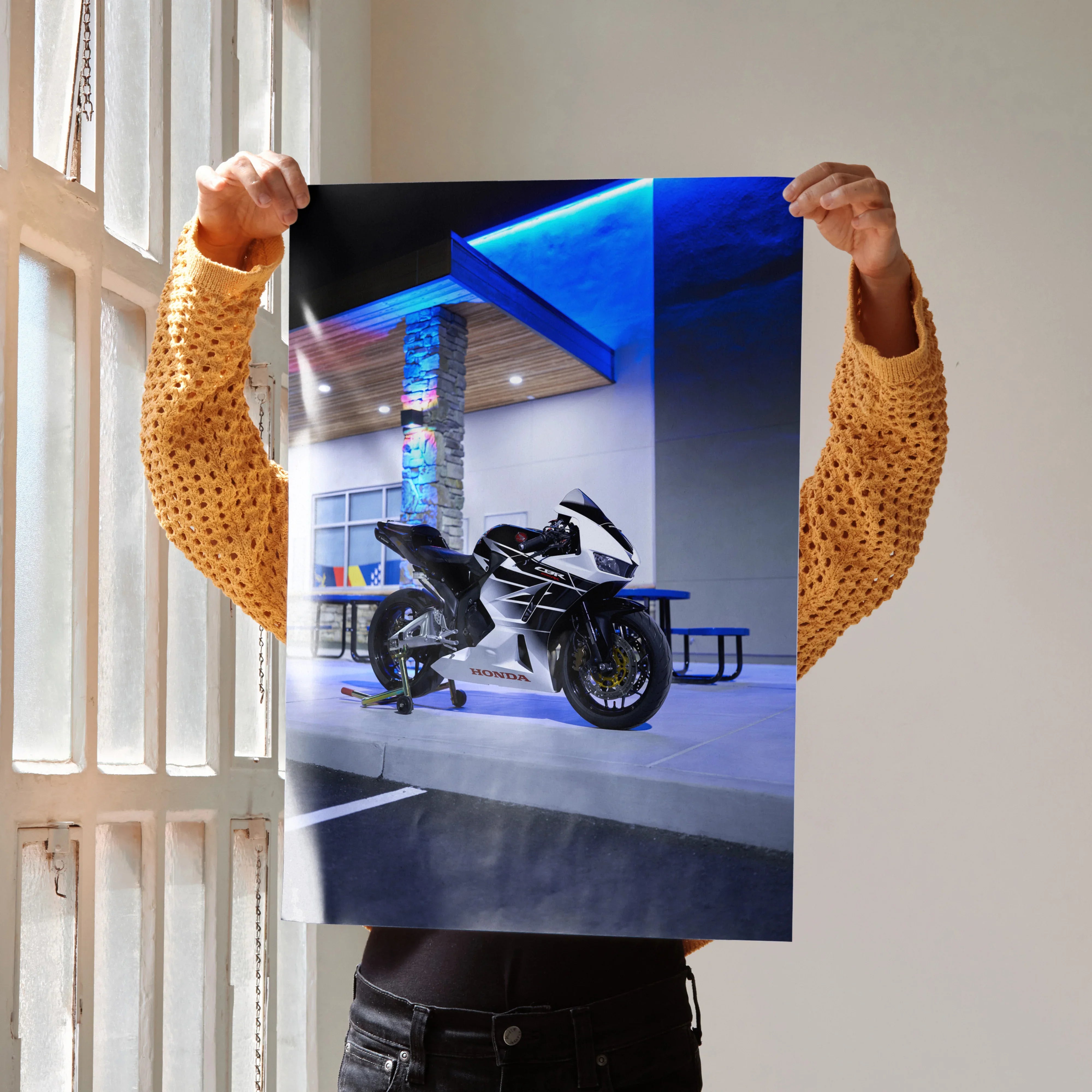 Honda CBR600RR motorcycle poster with sleek black and white design, vibrant wall art.