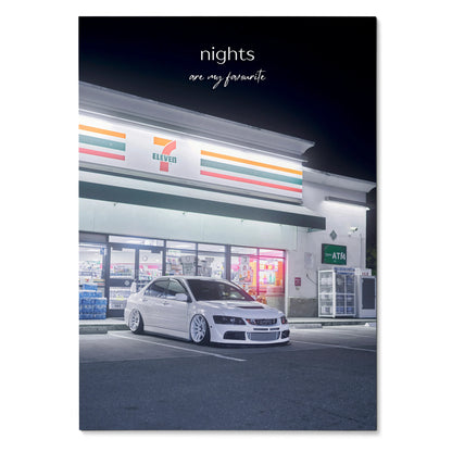 Motivational poster wall art featuring a white Mitsubishi Evo 8 parked at night in front of a brightly lit store with.