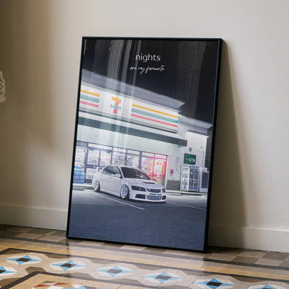 Motivational poster wall art featuring a white Mitsubishi Evo 8 parked under gas station lights at night.