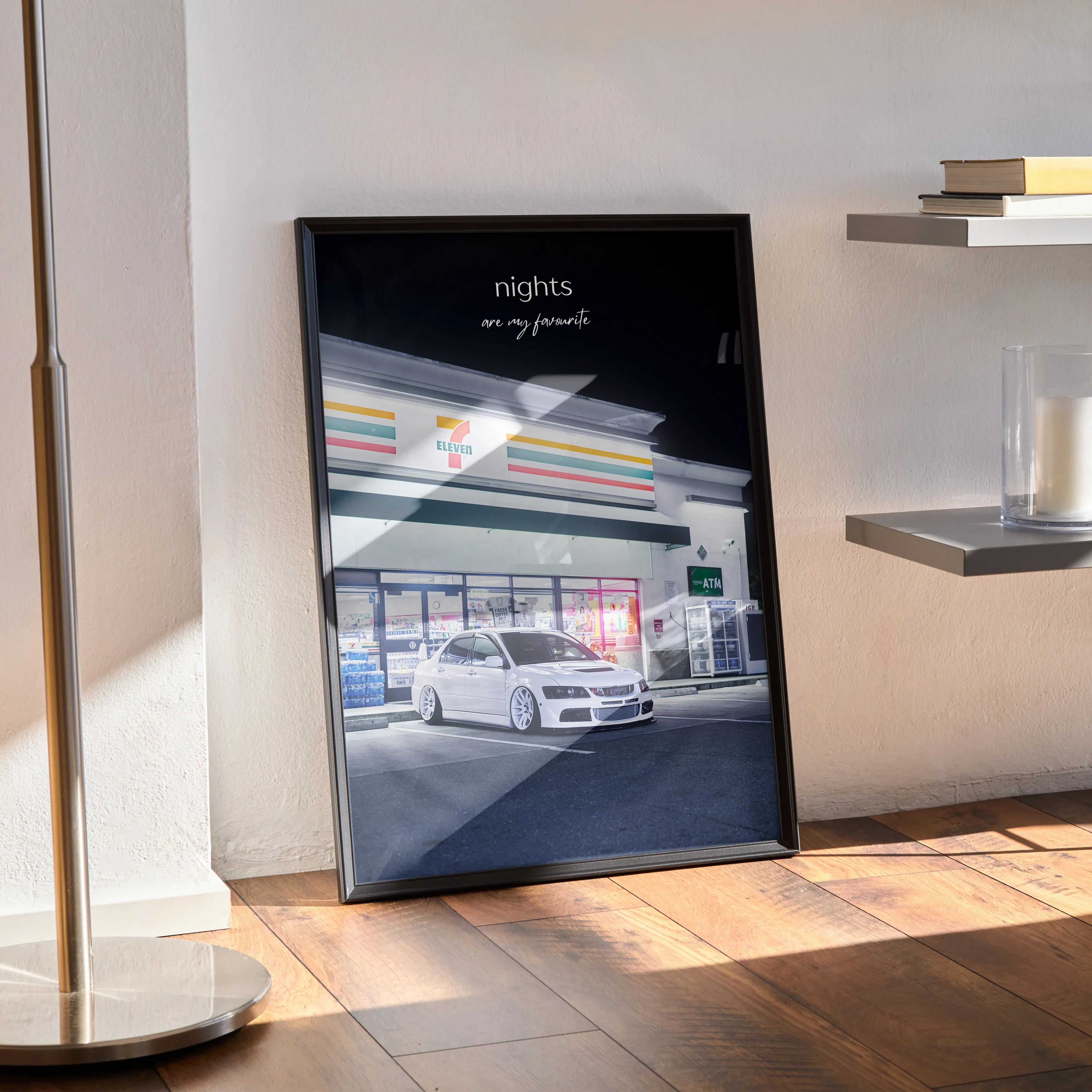 Motivational poster wall art featuring white Mitsubishi Evo 8 in urban night setting with inspiring text.