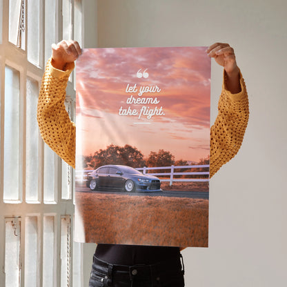 Motivational poster wall art featuring a Mitsubishi Evo 10 with inspiring sunset text.