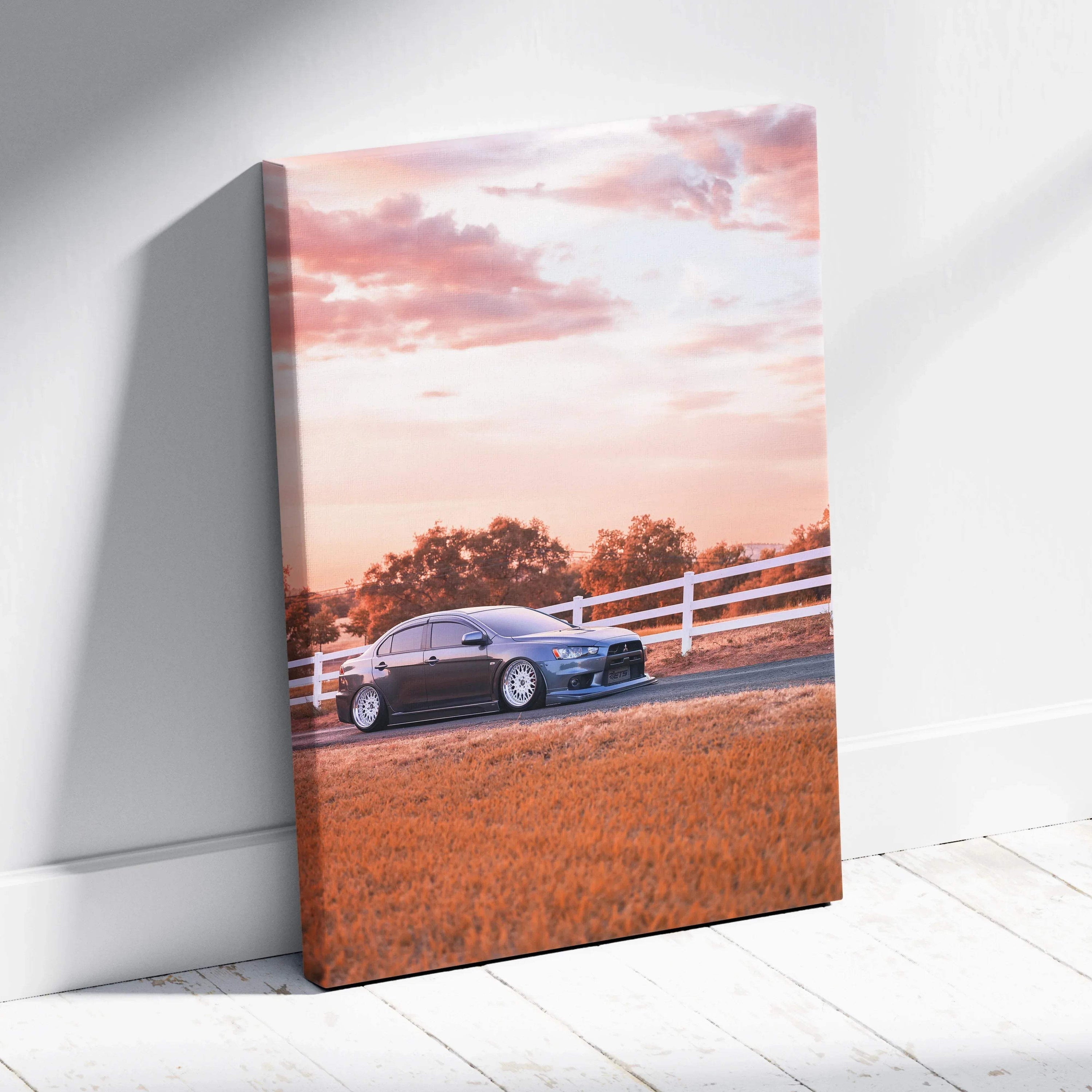 Mitsubishi Evo 10 canvas art with sunset background and white fence wall art.