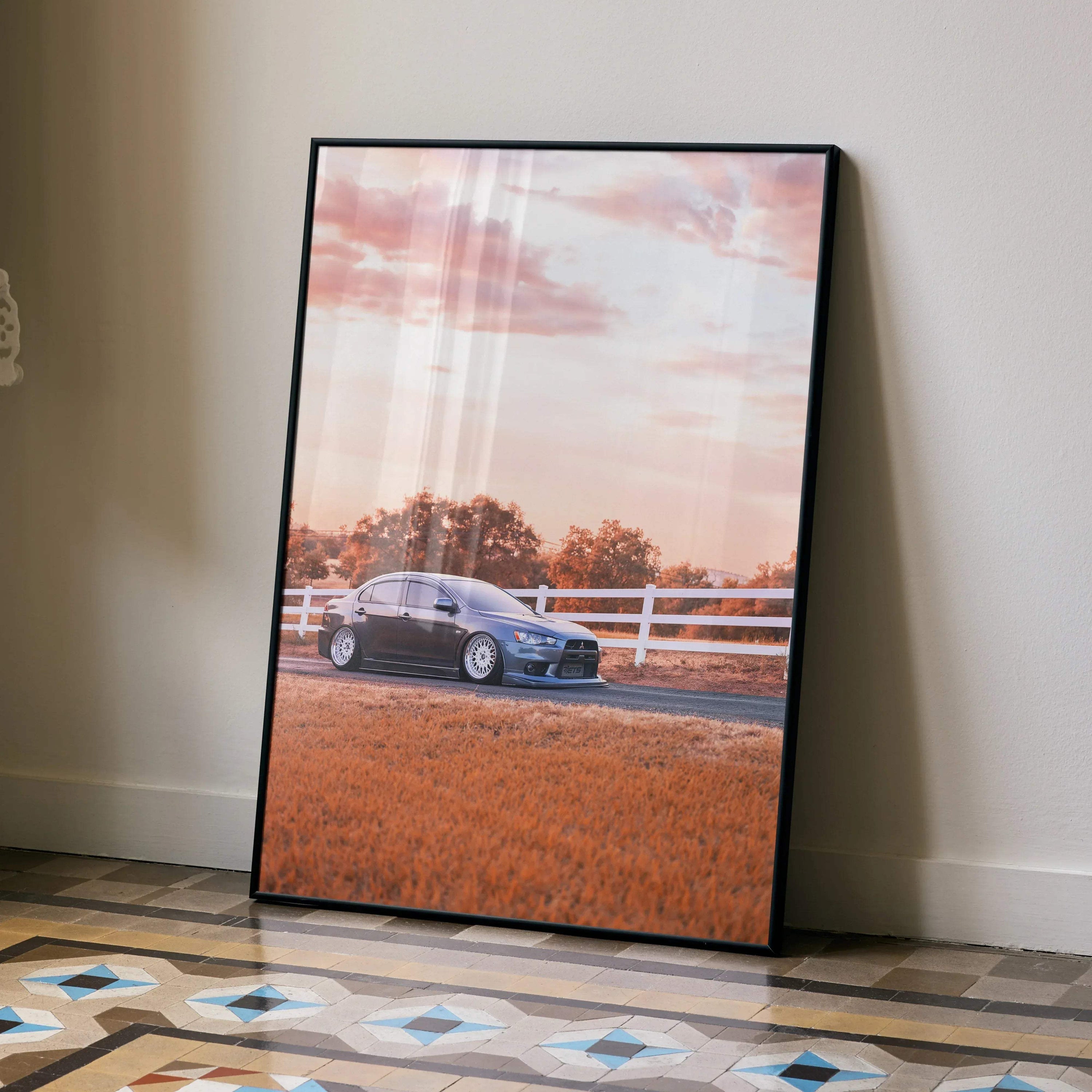 Mitsubishi Evo 10 car poster with sunset and rural fence, high-resolution wall art.