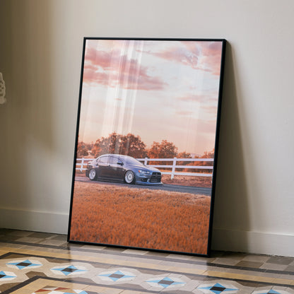 Mitsubishi Evo 10 car poster with sunset and rural fence, high-resolution wall art.