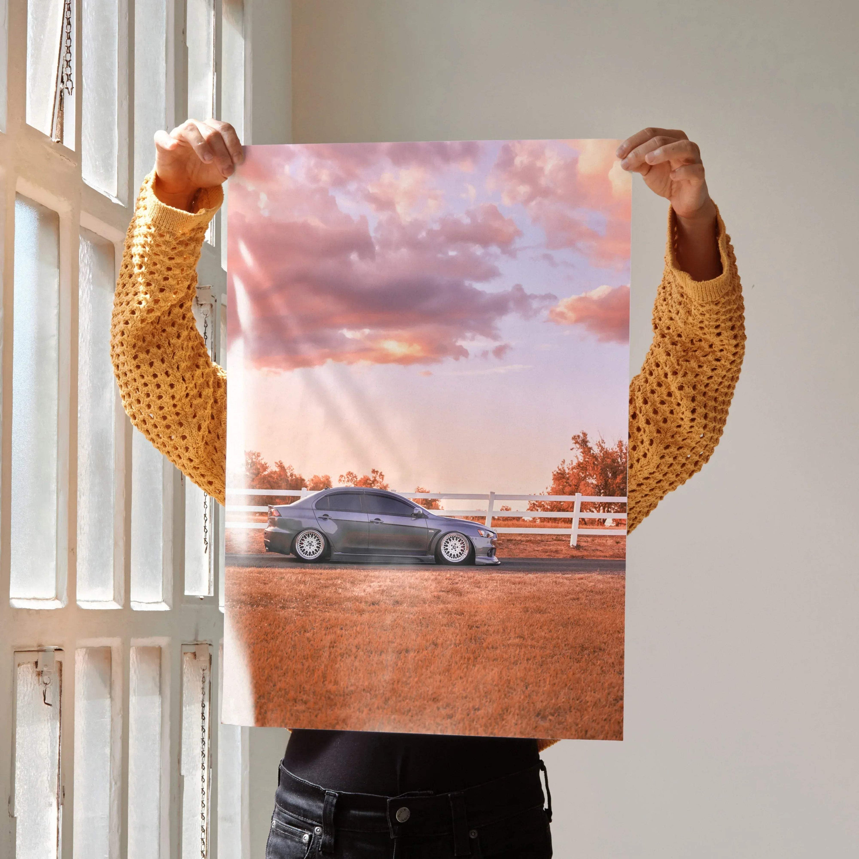 Mitsubishi Evo 10 car poster with sunset sky and rural background wall art.