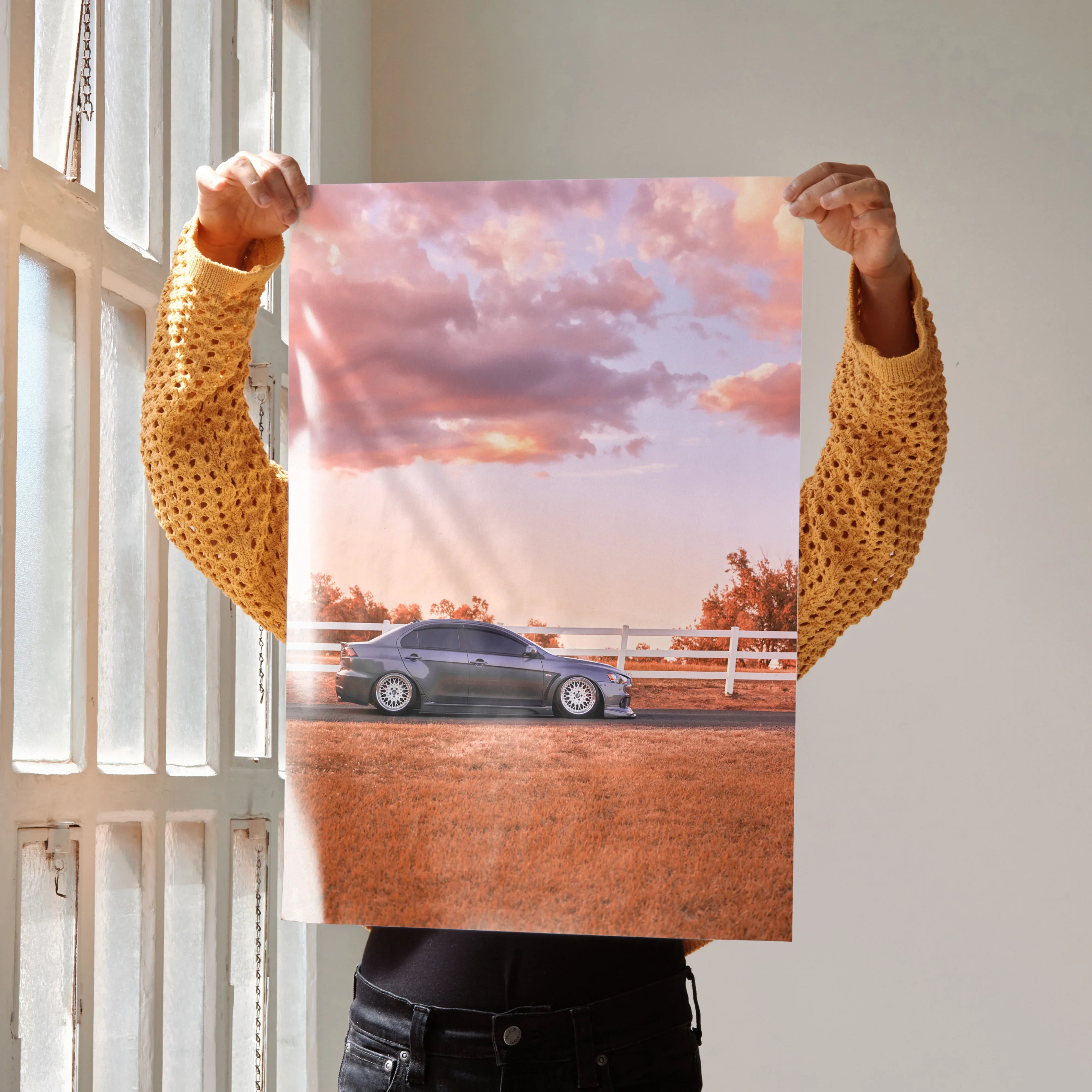 Mitsubishi Evo 10 car poster with sunset sky and rural background wall art.