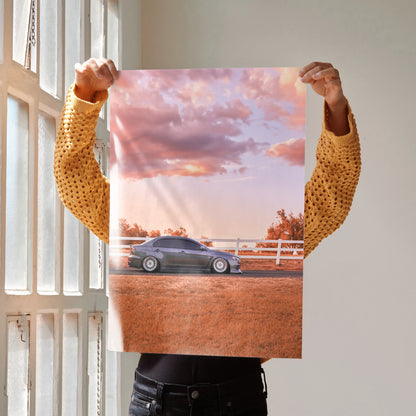 Mitsubishi Evo 10 car poster with sunset sky and rural background wall art.