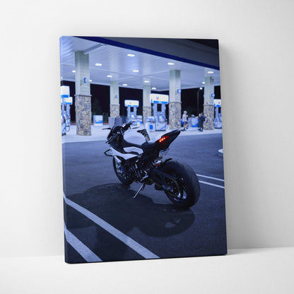 BMW S1000RR motorcycle at night canvas art with gas station background vertical wall art.