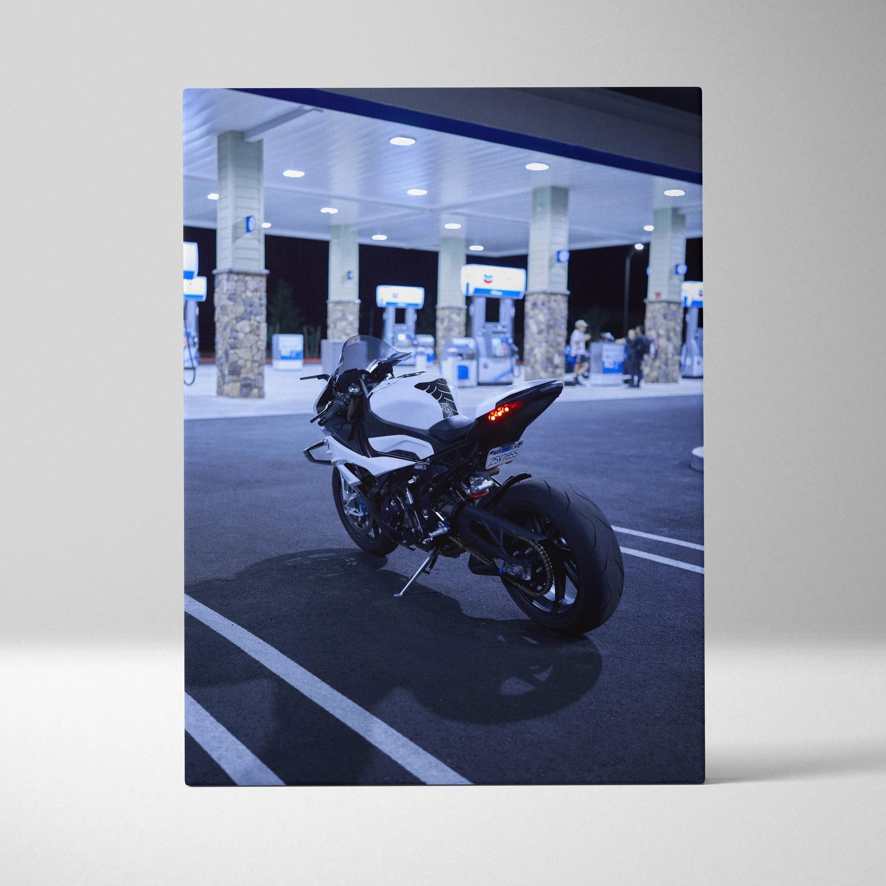 BMW S1000RR motorcycle night scene vertical canvas wall art with museum-quality detail.
