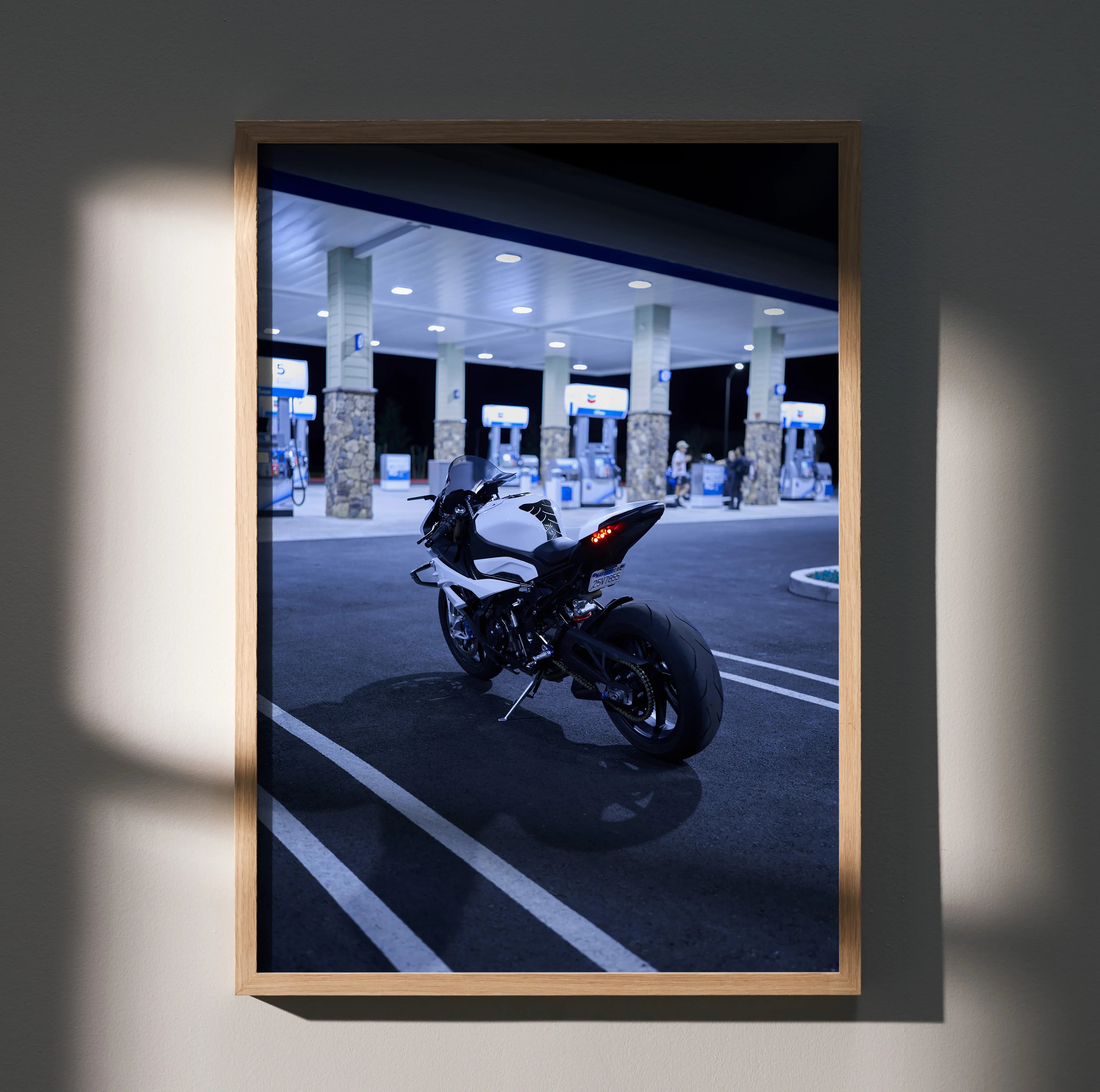 BMW S1000RR motorcycle at night poster with sleek design, modern wall art for bike enthusiasts.