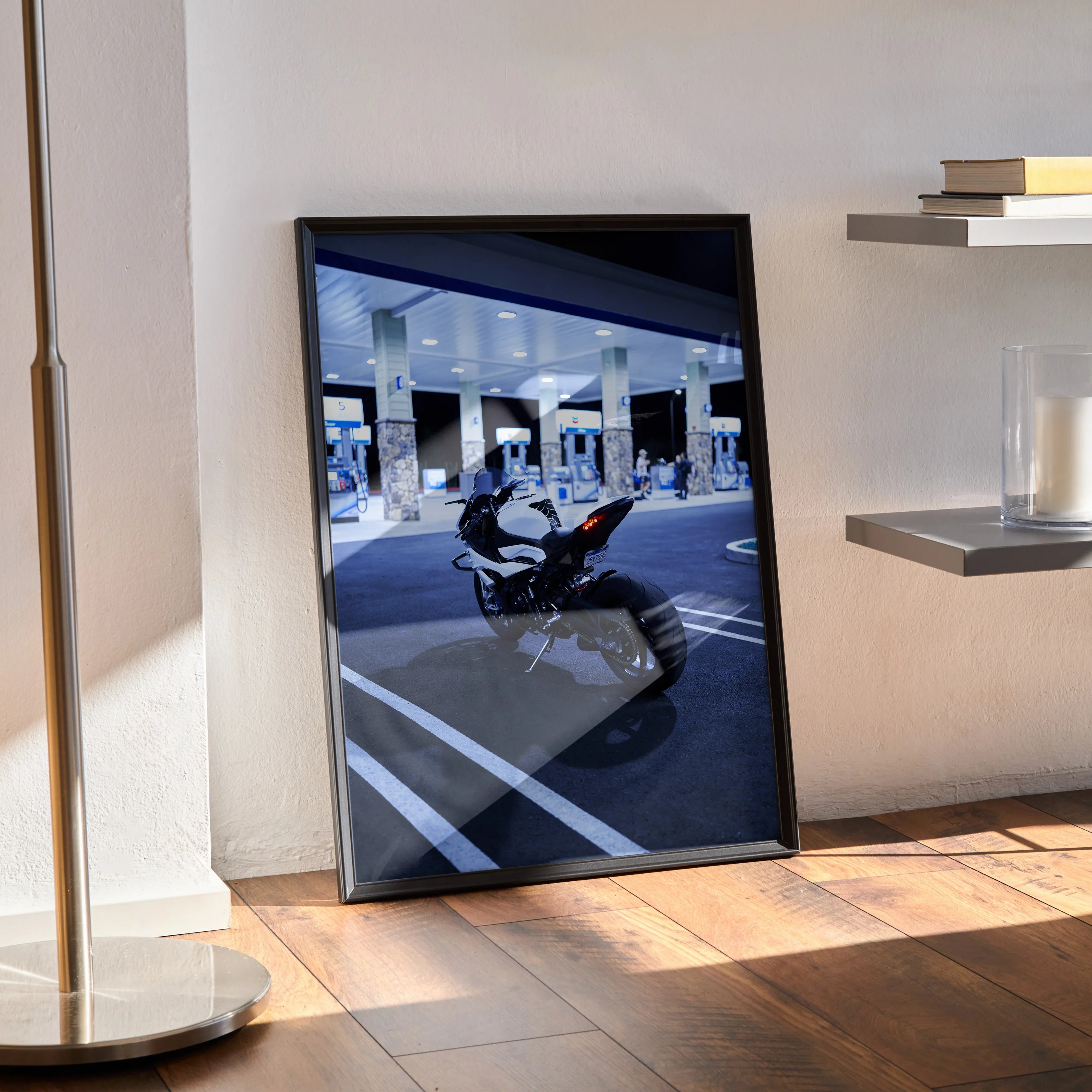 BMW S1000RR poster wall art featuring a sleek motorcycle at a gas station in dim lighting.