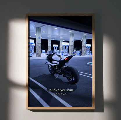 BMW S1000RR motorcycle at gas station at night motivational poster wall art with inspiring text.