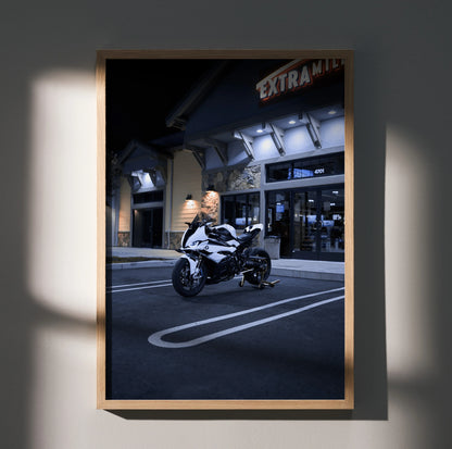 BMW S1000RR motorcycle poster in black and white style, modern wall art print.