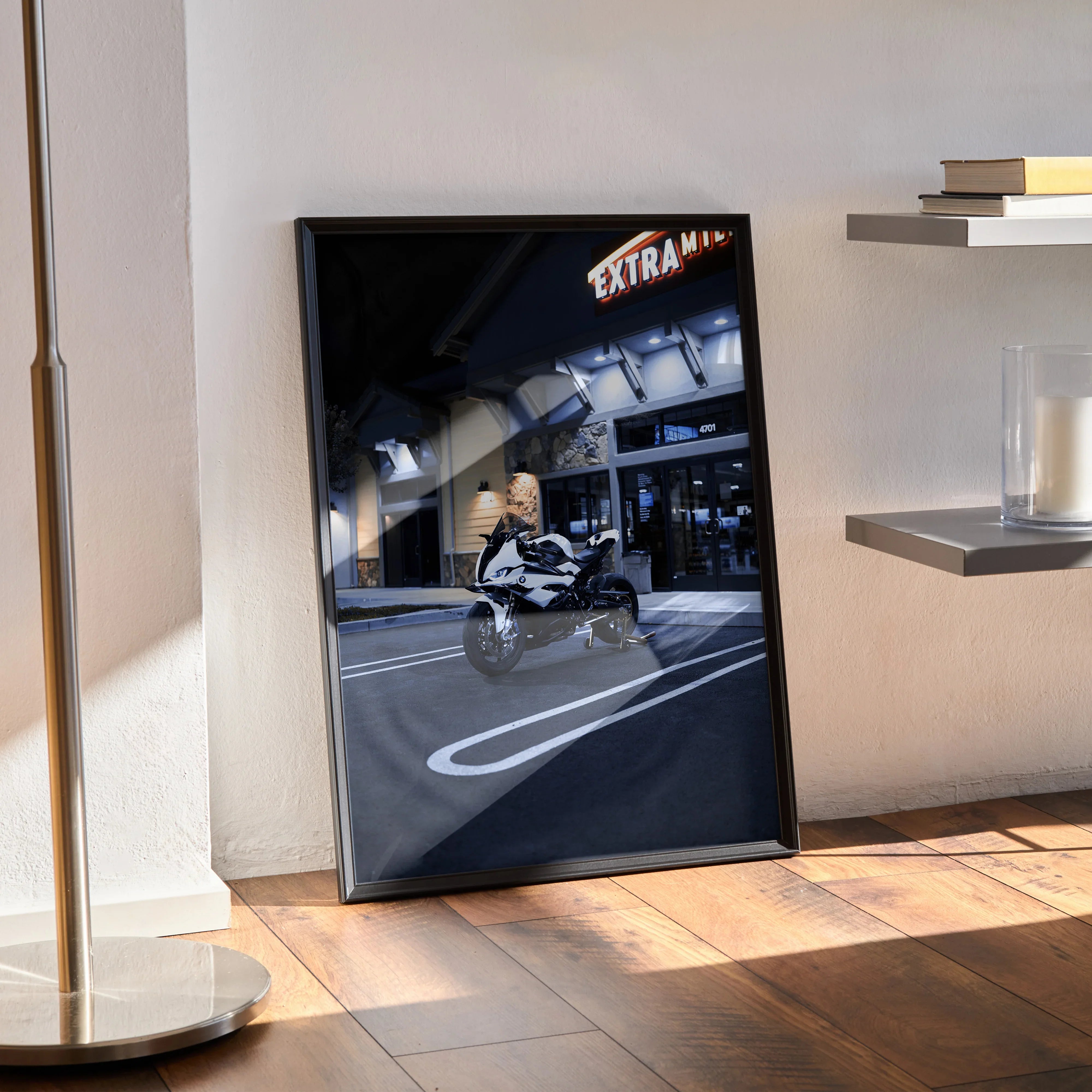BMW S1000RR motorcycle poster with night city street scene wall art in black frame.
