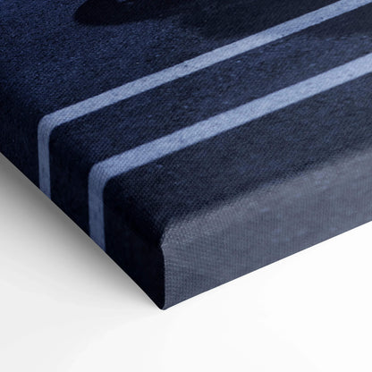 Close-up of black and dark blue vertical canvas wall art with two parallel light gray stripes, museum-quality canvas art.