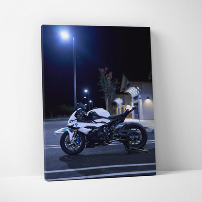 BMW S1000RR motorcycle nighttime scene on vertical canvas wall art print.