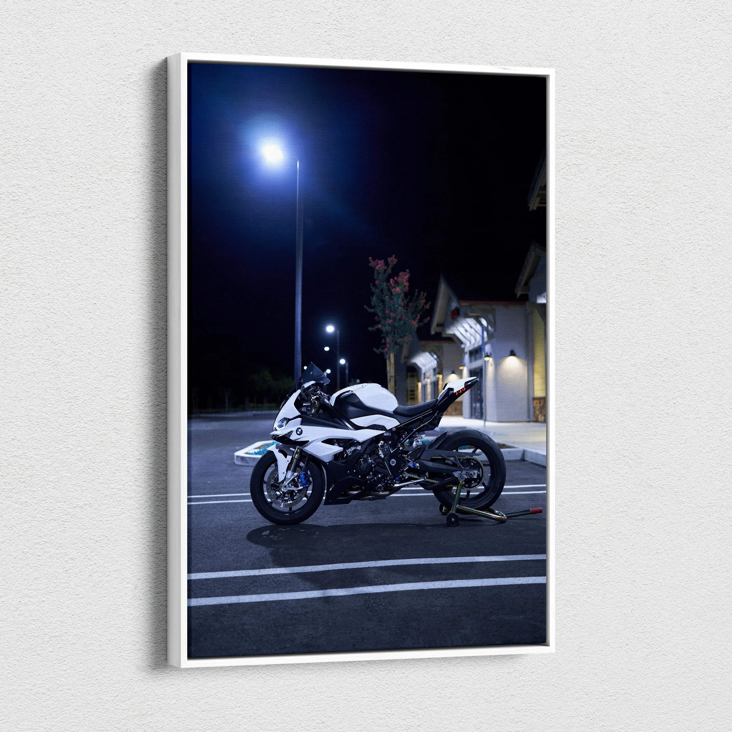BMW S1000RR motorcycle canvas wall art in night urban setting, vertical canvas print.