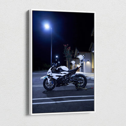 BMW S1000RR motorcycle canvas wall art in night urban setting, vertical canvas print.