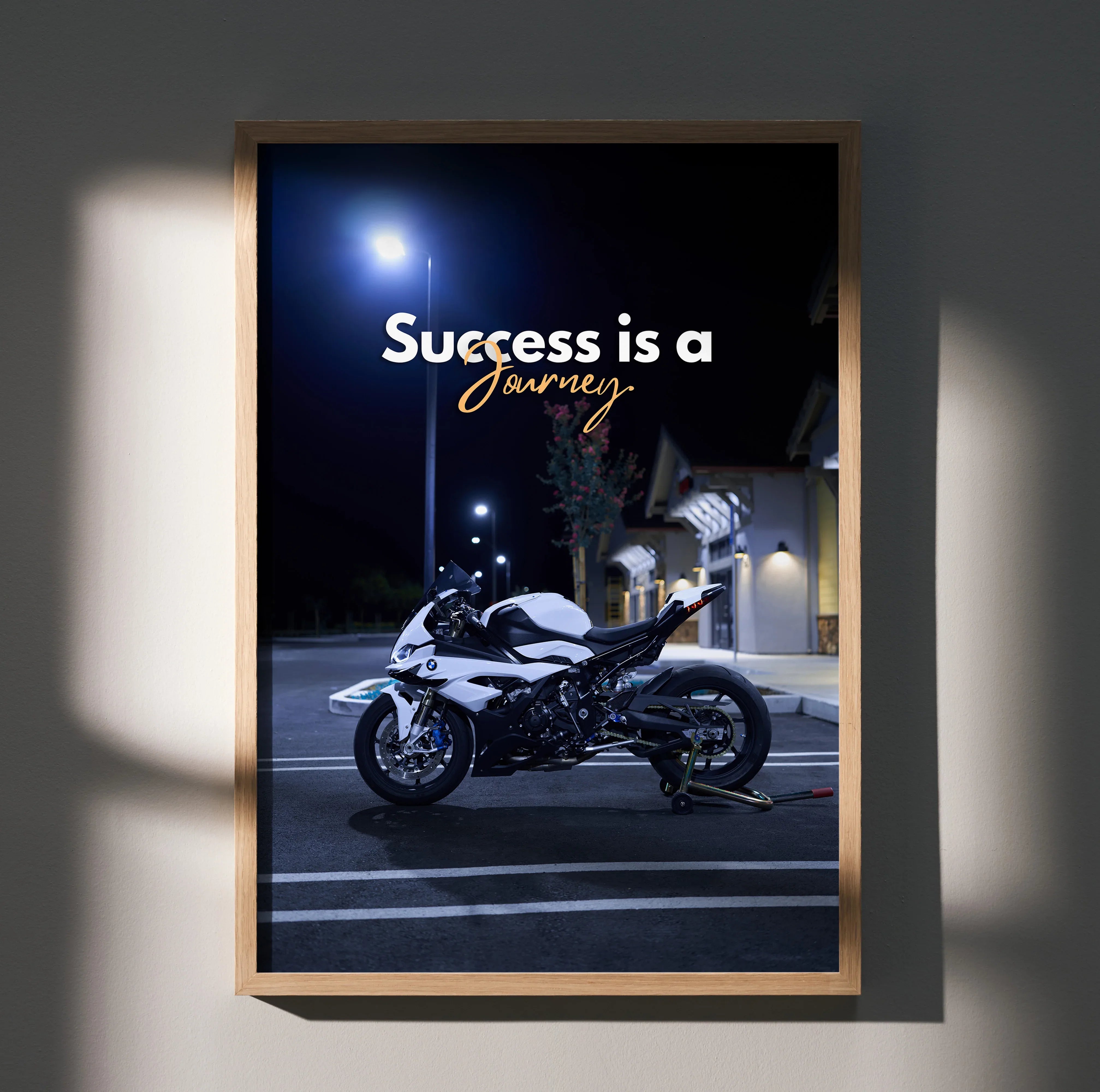 Motivational poster featuring BMW S1000RR motorcycle at night with "Success is a Journey" text wall art.
